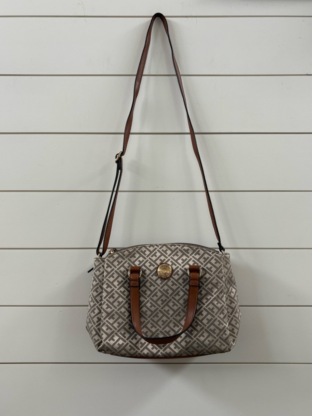 NWOT Tommy Hilfiger Geometric Canvas Shoulder Bag with Brown Trim